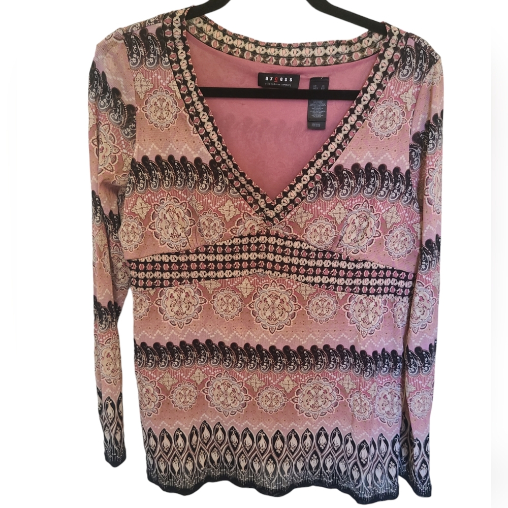 Access Liz Claiborne tunic top, semi sheer mesh with lined bodice, v neck